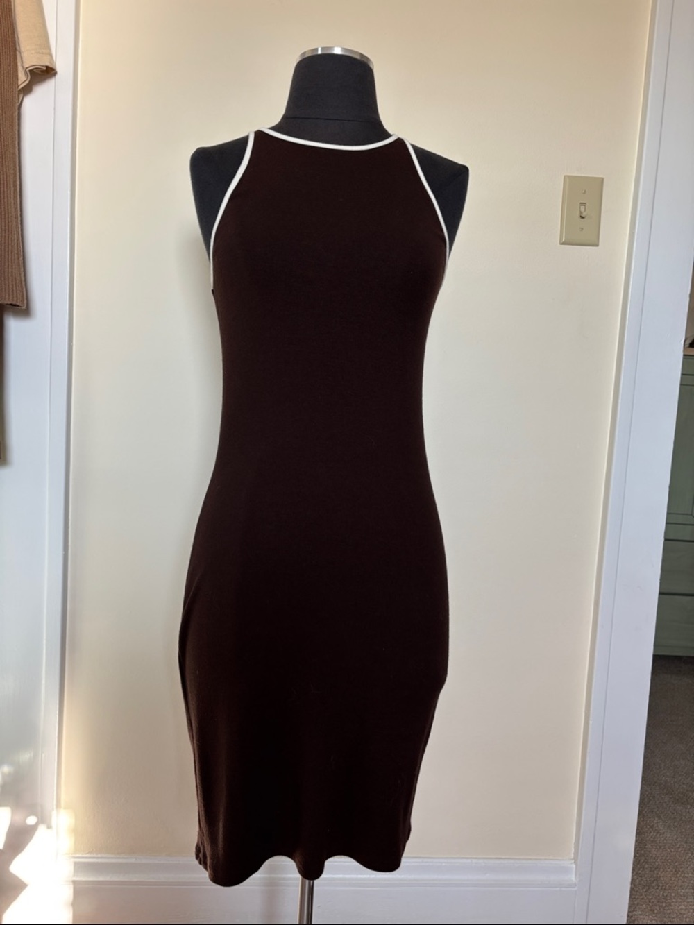 Lauren Ralph Lauren Sleeveless Chocolate Brown Knee Length Midi Dress White Trim